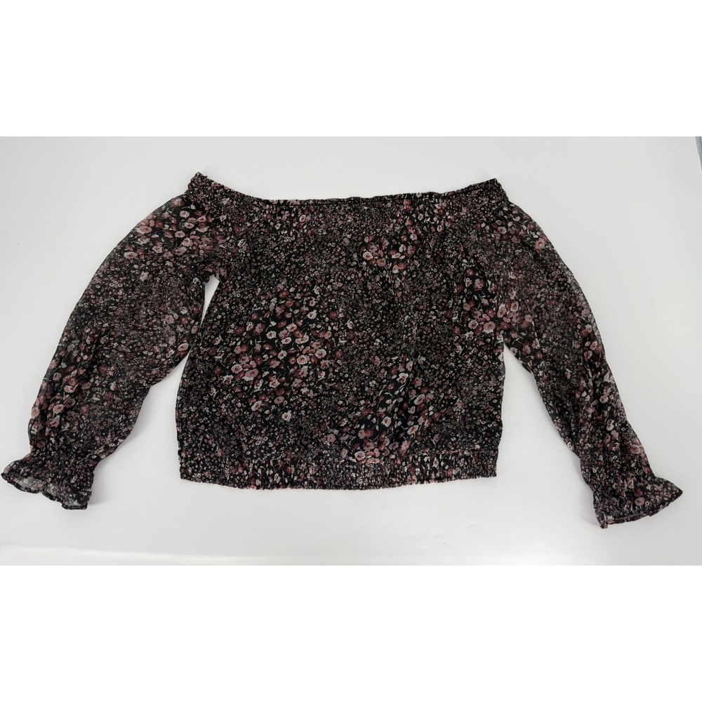 Abercrombie & Fitch Smocked Top Women L Black Floral Whimsical Boho Sheer Sleeve